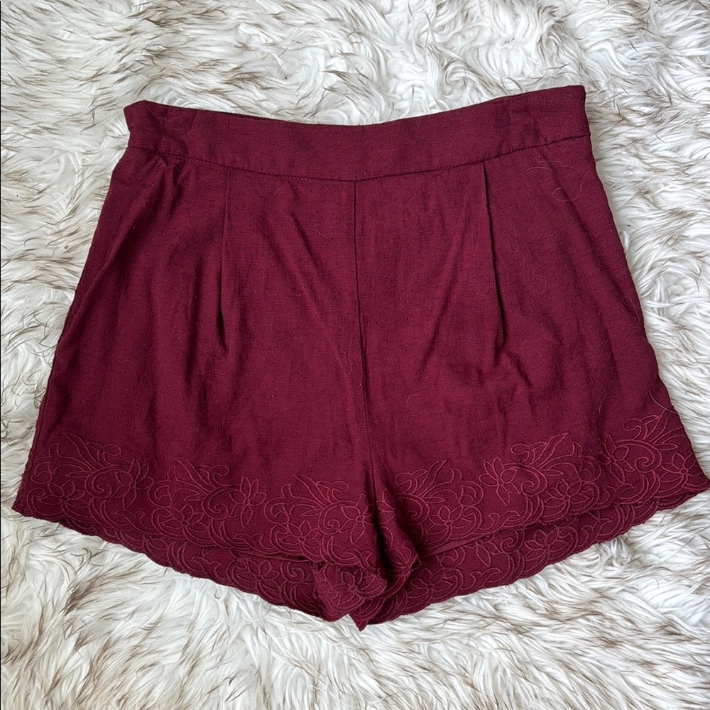 Burgundy Shorts with Bottom Trim Embroidery